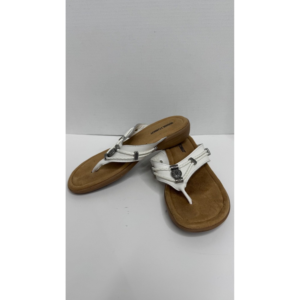 Minnetonka Womens White Leather Concho Braided Thong Sandals 5920100 Size 8M